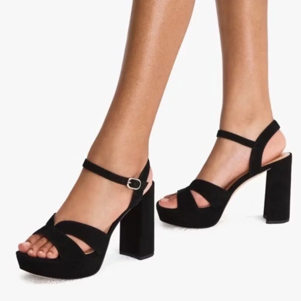 Kate Spade Delight Black Suede Platform Block Heel Sandals Square Toe  9B